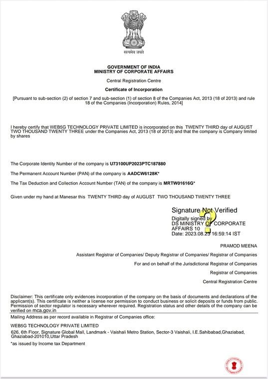 Certificate of Incorporation issued by the Ministry of Corporate Affairs to Web5G Technology Private Limited on 23 August 2023, showing CIN U73100UP2023PTC187880.