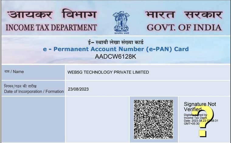 e-PAN card issued by the Income Tax Department to Web5G Technology Private Limited, PAN AADCW6128K, date of incorporation 23 August 2023.