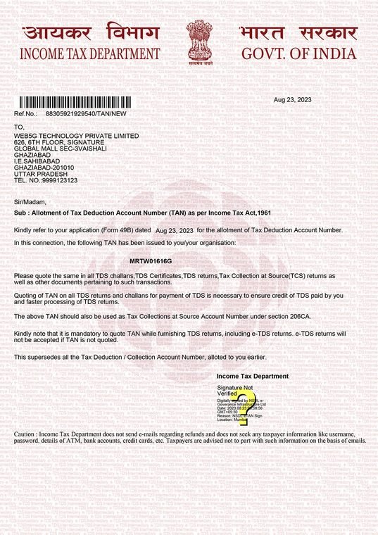 TAN allotment letter from the Income Tax Department to Web5G Technology Private Limited, allotting TAN MRTW01616G on 23 August 2023.